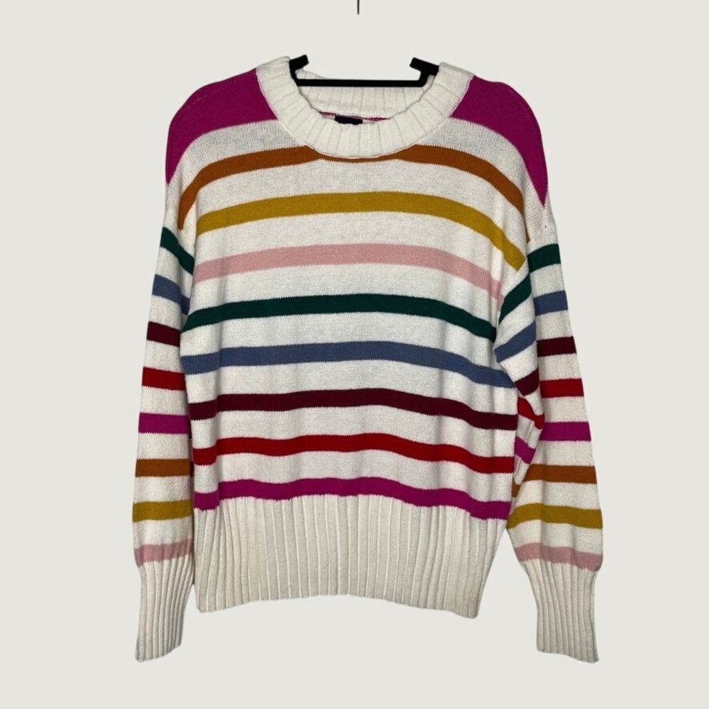 Gap Sweater Womens Large White Rainbow Striped Crewneck Cotton Blend Pullover